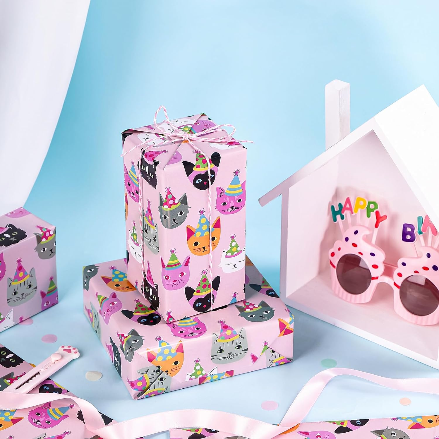 WRAPAHOLIC Kitty Cat Wrapping Paper Roll - Mini Roll - 17 Inch x 33 Feet - Pink Adorable Birthday Kitty Design, Perfect for Kids Girls Birthday, Baby Shower, Cat Lover
