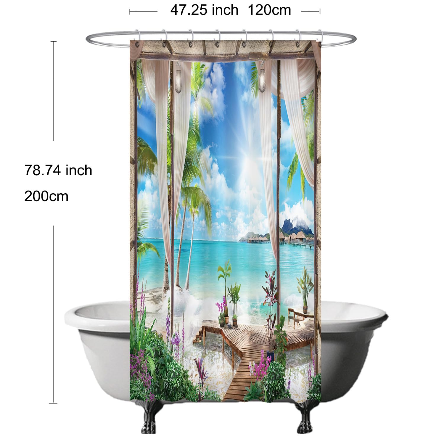 Ulticool Shower Curtain - Beach Sea Nature - 120 x 200 cm - Washable - Anti Mould - with 8 Rings - Blue White Green - Image 2