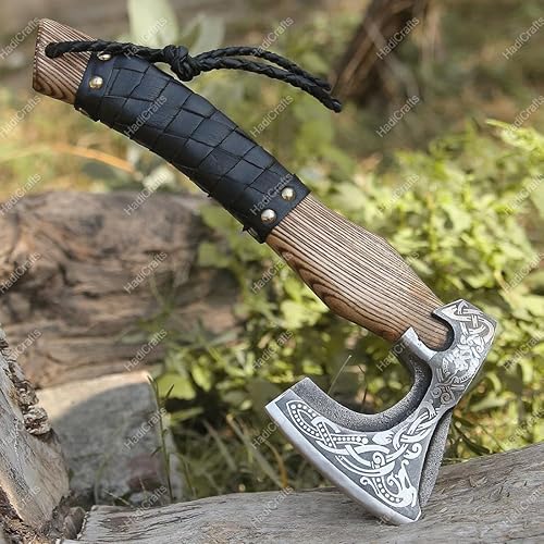Hacha vikinga de acero al carbono forjada a mano de regalo personalizado con eje de madera de rosa, regalo de boda, hacha vikinga (VKA-004)