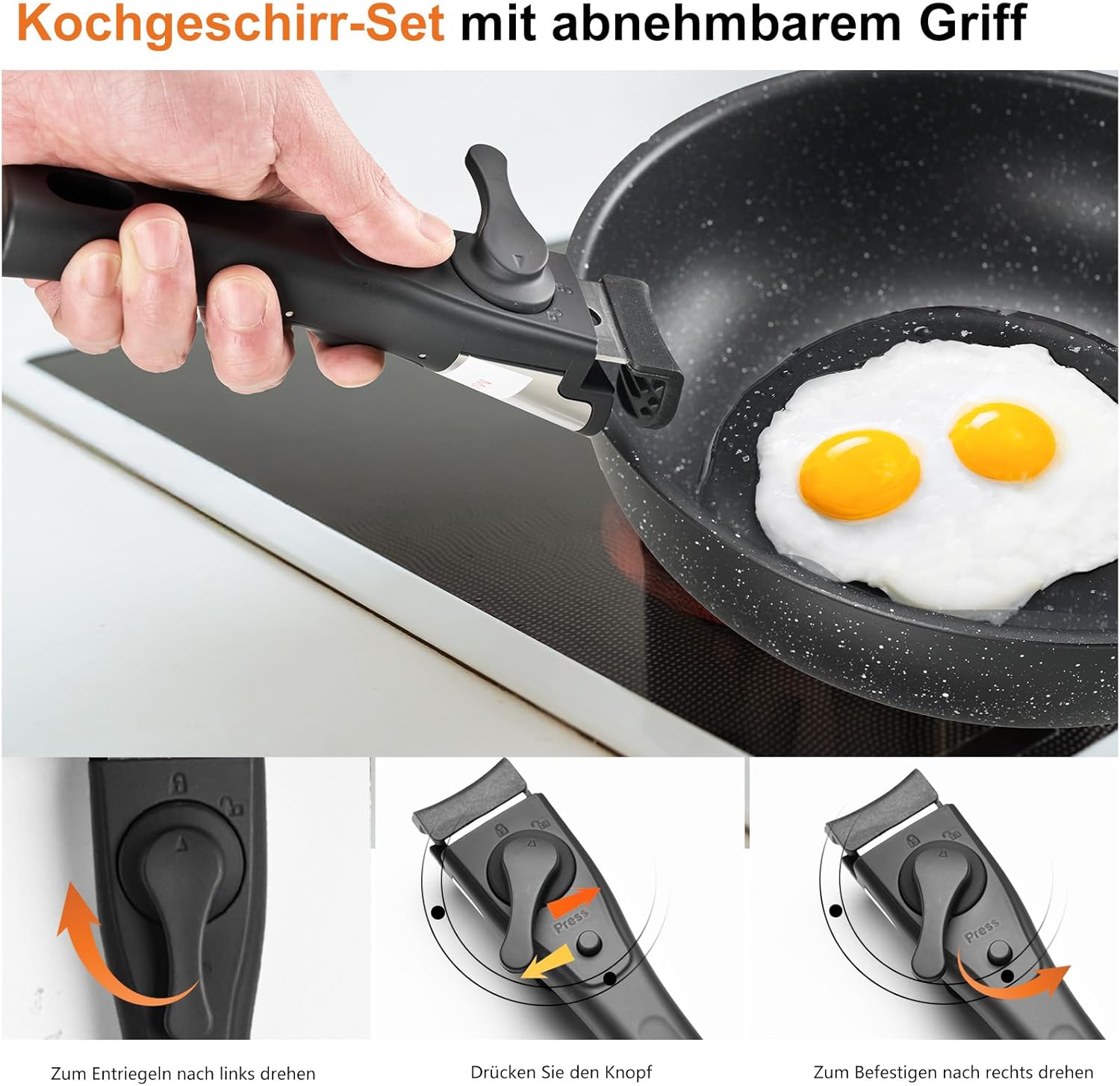 DUMOS 12 Pcs Pots and Pans Set, Nonstick Kitchen Cookware Set, Induction Cooking Sets Detachable Handle, Black