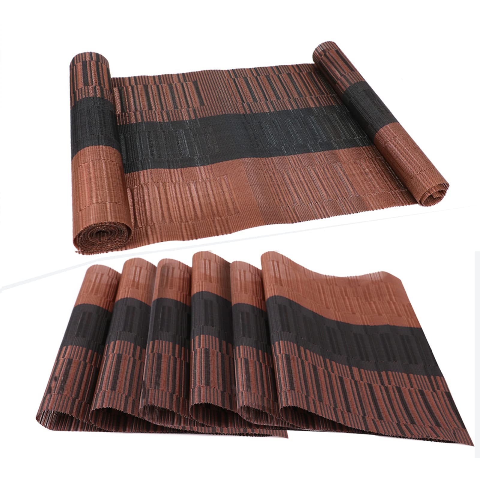 Xmkuwa Placemats, Washable PVC Table Mats, Woven Vinyl Placemat for Dining Table Place Mats Set (6 placemats and 1 Table Runner, Black and Brown)