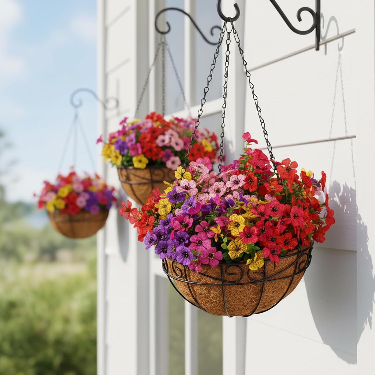 CEWOR Artificial Flowers for Outdoor Indoor, Fake Silk Daisy with Eucalyptus Leaves, Faux Flower for Garden Front Door Porch Planter Patio Home Decor (24 Bundles, 6 Multicolor)
