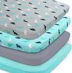Feuilles de literie 4 Pack, Feuilles de lit pour enfant de 52'' x 28'' pour lit pour bébé standard & Matelas pour tout-petit, Microfibre douce et respirante, Feuille de bébé neutre, Dinosaures grises & Océan