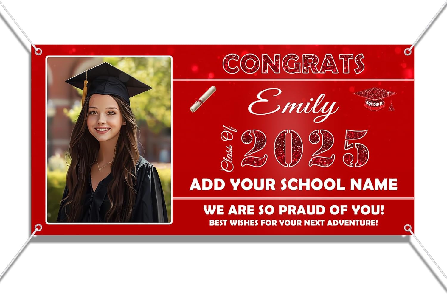 Personalized Class of 2025 Graduation Banner with Photo Large Graduation Event Party Decoration Vinyl Customized Congratulations Banner Graphic (72×30 inch - One Side)
