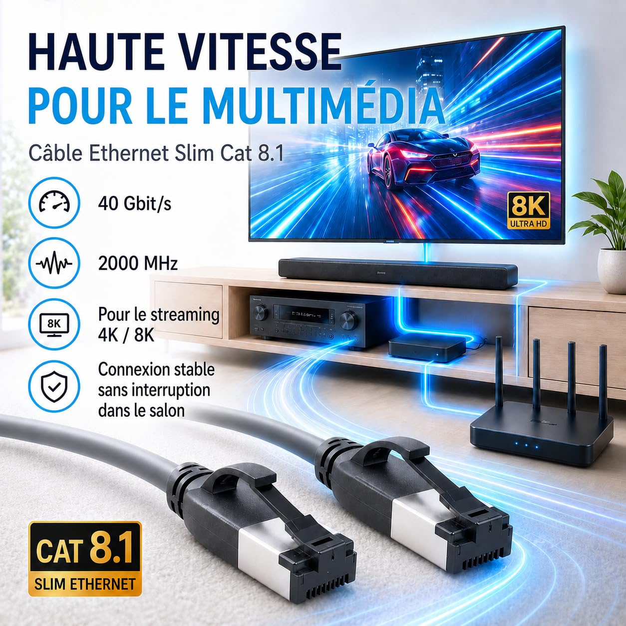 Câble réseau Cat 8.1 Lan de 2 m (lot de 10) Câble Ethernet Cat 8 avec prise RJ45 fin et fin avec taux de transfert de 40 Gbit/s Noir 2,0 mètres
