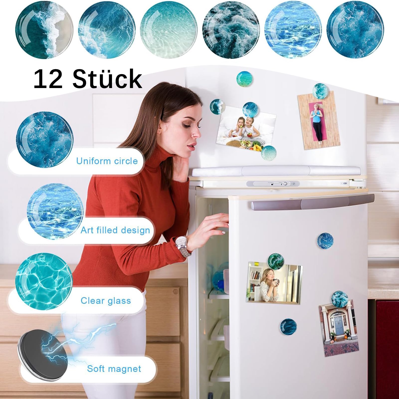 LANAFAY 12 Pièces Aimant Frigo Magnet, Aimant Frigo Decoratif, Aimants Tableau Magnétique 3D, Pour Armoires Et Tableaux Blancs, Maison Bureau (Rond/30MM