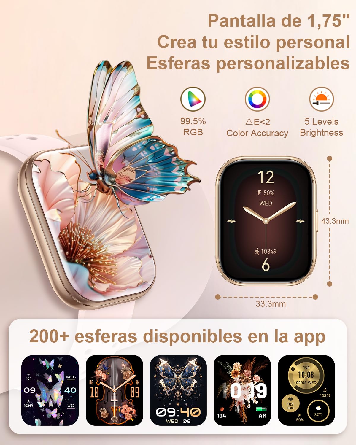 Reloj Inteligente Mujer Pequeño con 4 Correas 1.75" Smartwatch Mujer con Llamadas Pulsera Actividad Frecuencia Cardíaca Sueño SpO2 Función Femenina 120+ Modos Deportivos Regalo iOS Android, Rosa Oro