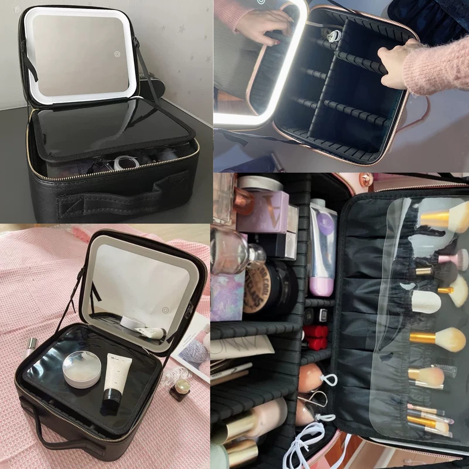 Valigetta per il trucco da viaggio, organizer per cosmetici, borsa portaoggetti portatile per artisti, specchio con luce LED intelligente, tre luci, interruttore touch screen, borsa per il trucco da