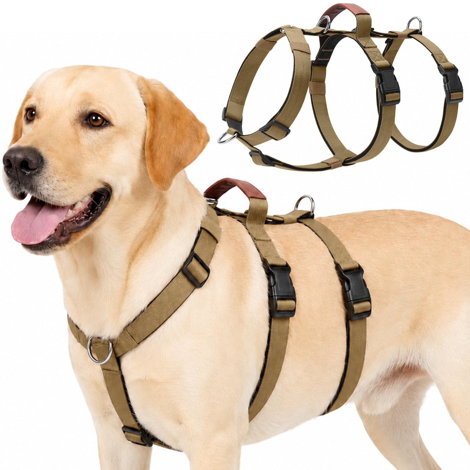 Olcyren Escape Proof Dog Harness for Medium Large Dogs, No Pull 3 Point Adjustable Dog Harness with Front Clip, Anti Pull Lightweight Breathable Pet Vest with Soft Padded Handle (Khaki, L)