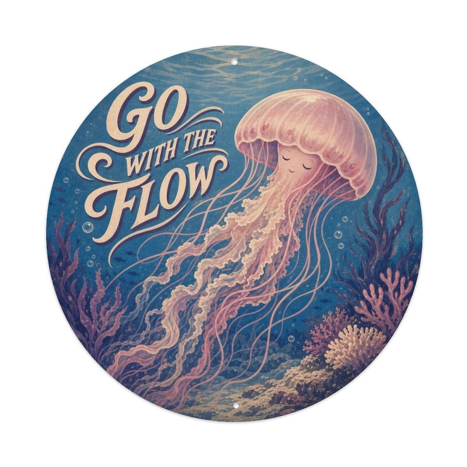 Okngb Style Jellyfish With The Flow Marine Animal Comic Cartoon Metal Tin Sign Plaque Wall Decor For Cafe, Man Cave, Club Bar, Office, Home Garden Round Metal Poster 8X8inch