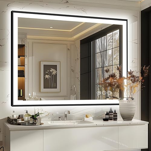 Miniatura 9 de 48x32 Espejo de Baño Iluminado, Espejos de Pared de Hollywood con Bombillas LED, 3 Temperaturas de Color y Atenuación Sin Escalas, Antiempañamiento