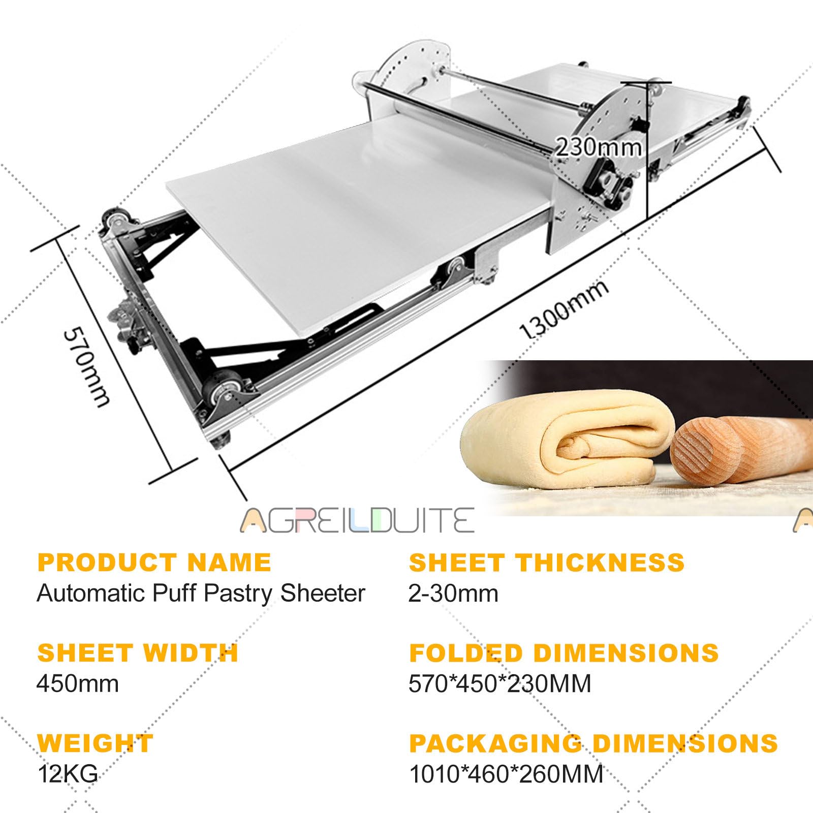 Teigausrollpresse, Wendbare Teigrolle, Ausrollpresse, Kommerzieller Vertikaler Fondant-Glätter, 40 × 17,7 Zoll Ausrollbrett, Faltbar | 2–30 Mm Dicke, Einstellbar, Für Croissants, Eierkuchen