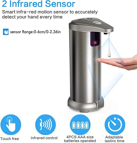 Miniatura 2 de Dispensador de jabón automático infrarrojo sin contacto, de acero inoxidable, funciona con pilas, dispensador de jabón sin contacto con base