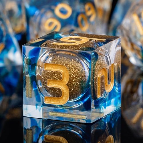 DND - Juego de dados de núcleo líquido con caja, dados de resina de borde afilado azul, juego de dados poliédricos D y D hechos a mano transparentes