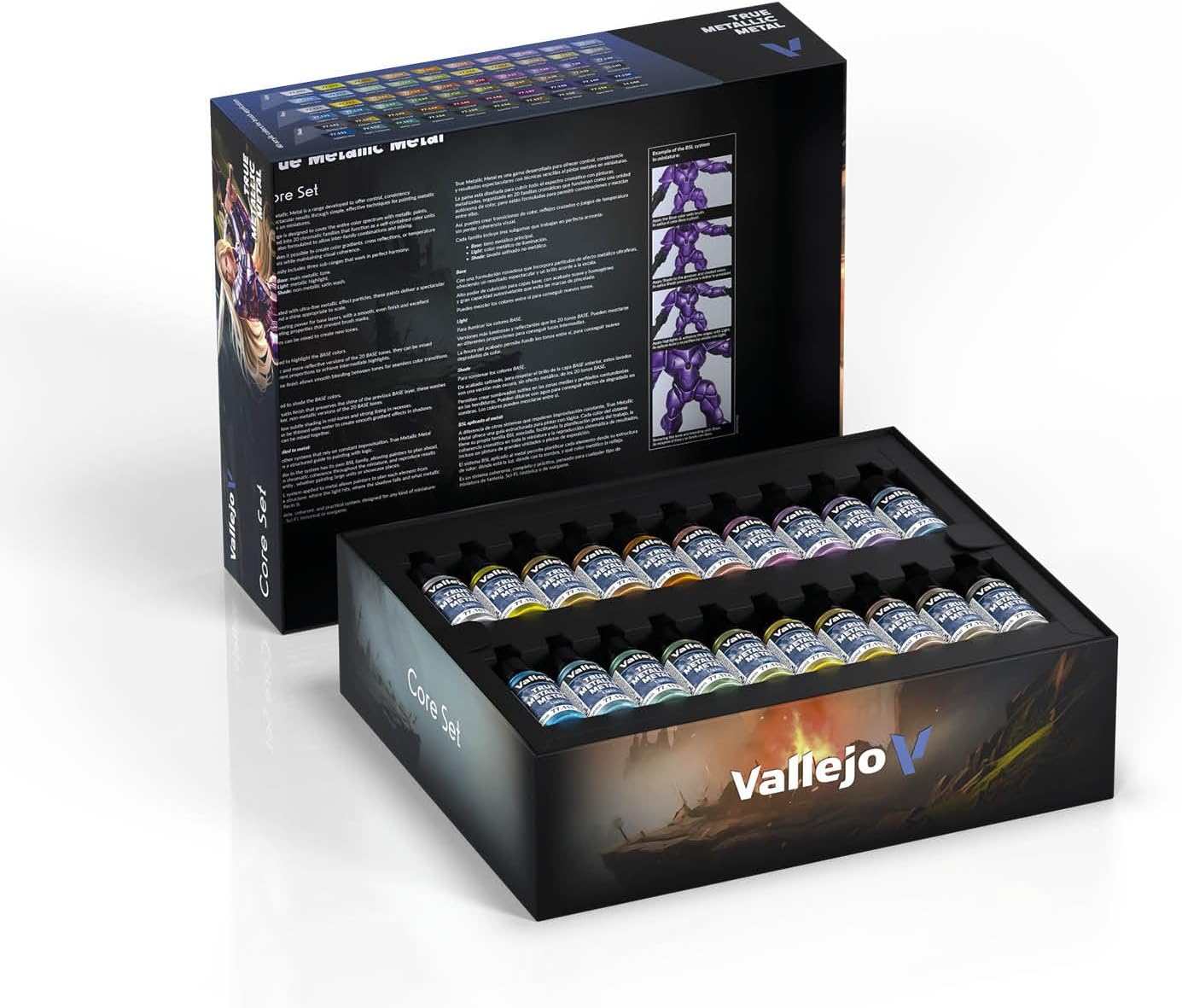 Vallejo - True Metallic Metal Paint Core Set, 60 Bottles x 18 ml (0.6 fl oz) Acrylic TMM Colors with Brush, Professional Miniature and Model Paint Set for Brush Painting, BSL System