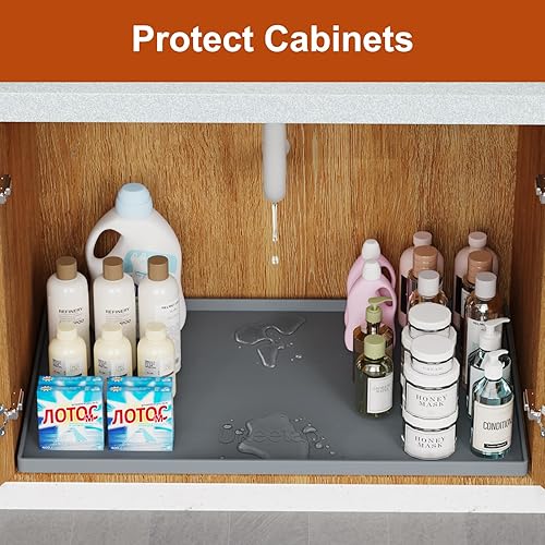 Miniatura 5 de Tapete de silicona extra grueso impermeable con borde elevado de 34 x 22 pulgadas, tapete debajo del fregadero para cocina y baño, forro de gabinete