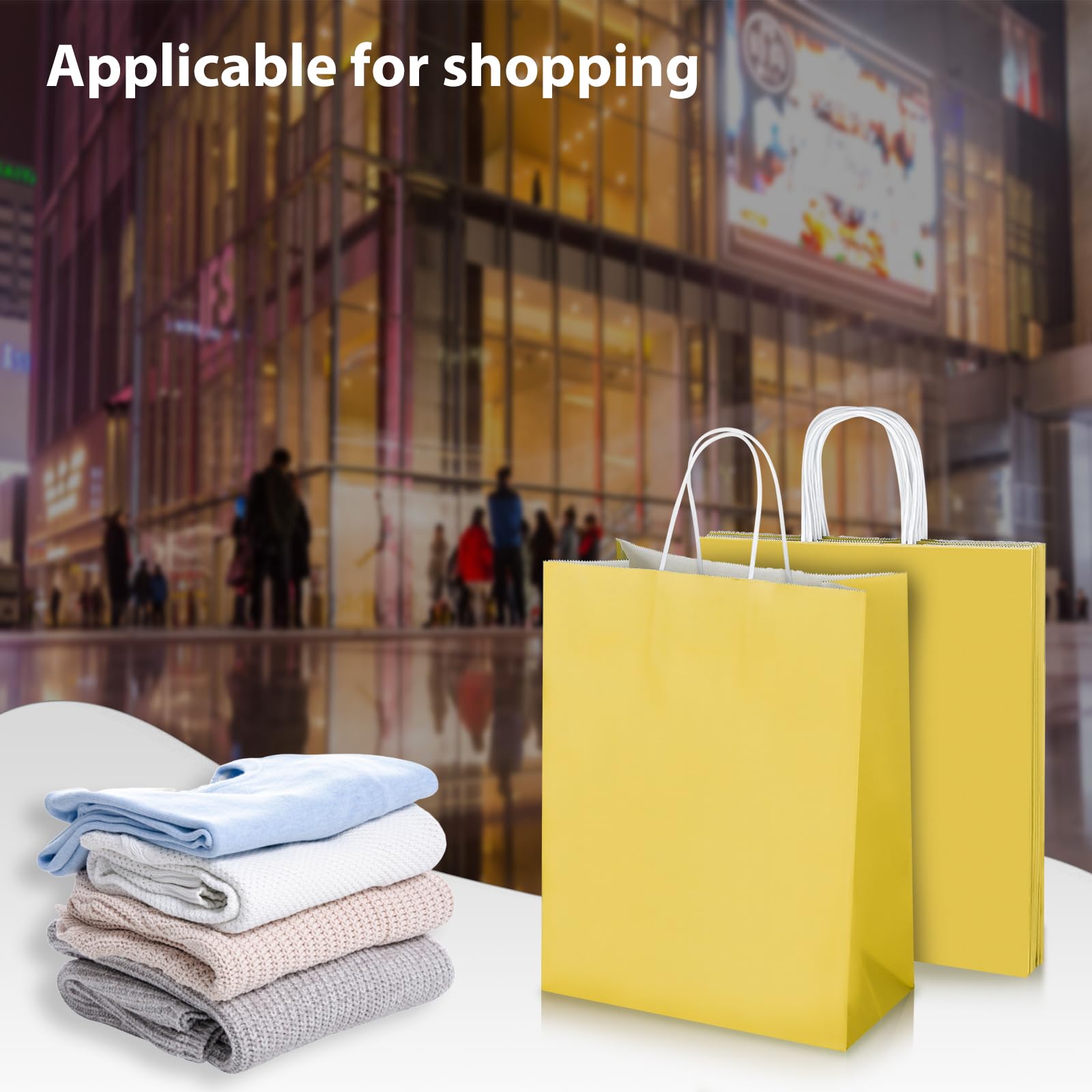 Oikss 50 Pack 10x5x13 Yellow Kraft Paper Bags with Handles Bulk for Birthday Party Favors Grocery Retail Shopping Business Goody Recycled Craft Gift Bags (Large Size, 50 Count)
