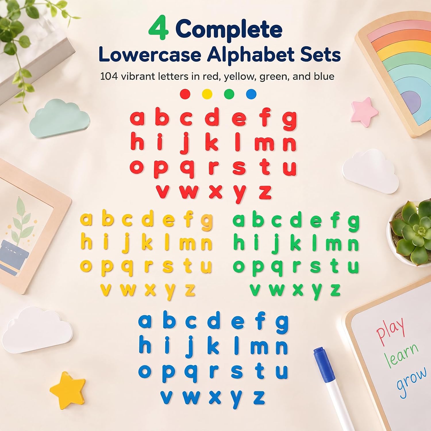 104 Pcs Lowercase Magnetic Letters, Alphabet Magnets for Fridge | Lowercase Plastic Alphabet Letters in 4 Colors, 1.3" - 1.7" Magnetic Letters for Fridge, Whiteboard and Classroom