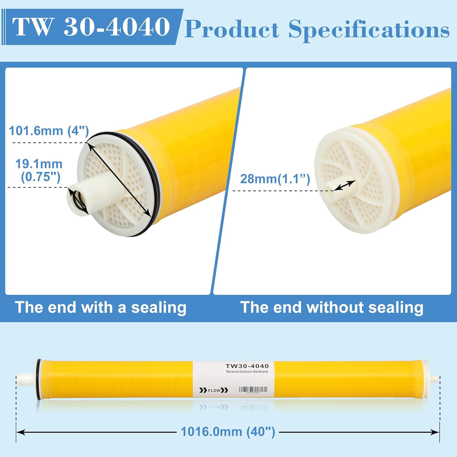 TW30-4040, Filmtec TW30 4040 for DOW Filmtec Membrane Replacement, Membrane TW30-4040 for Desalination, Commercial, Industrial, Size 4" x 40", 2050 GPD, Desalination Rate 99.5%