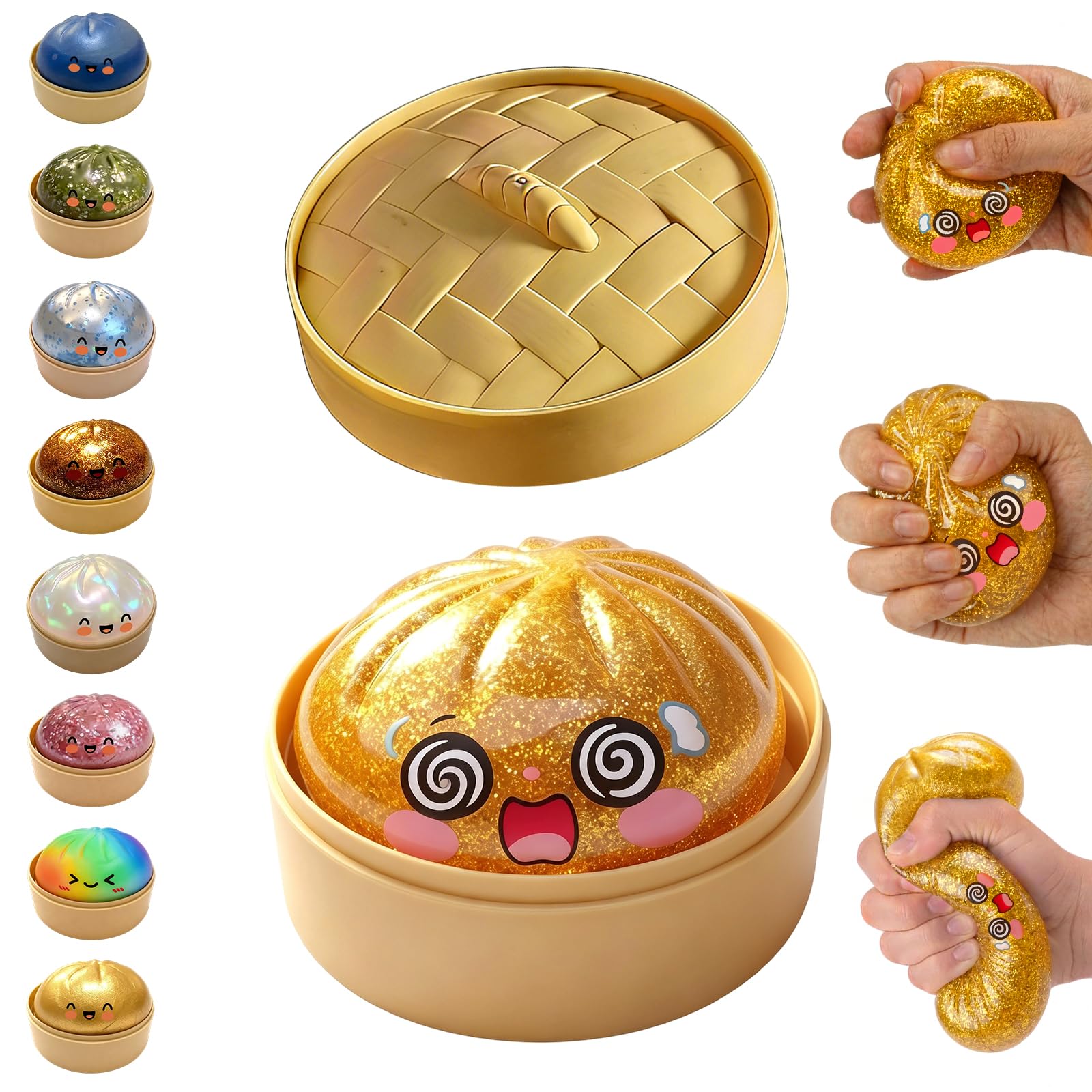 Glitter Dumpling Squishy,Dumpling Squishies,Glitter Dumpling Mystery Box,Colorful Dumpling Stress Balls Fidget,Jumbo Squishy Toy with Steamer Box,Soft Squeeze Decompression Dough (Glitter White) — view 13