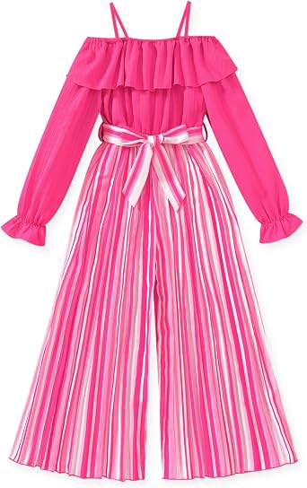 HIHA Girls Off-Shoulder Ruffle Jumpsuits Pleated Palazzo Pant Set Size 6-12