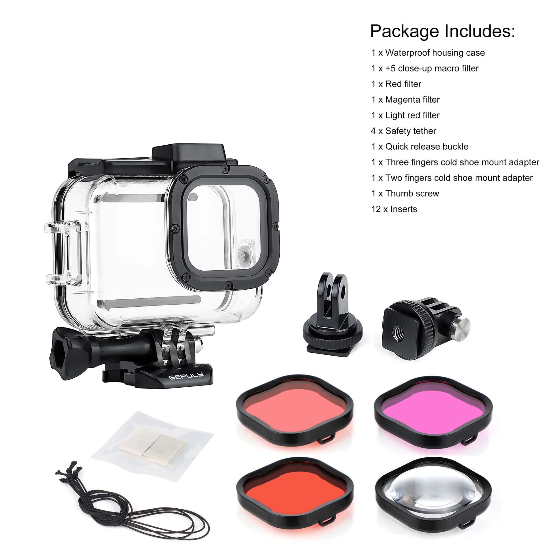 GEPULY Custodia impermeabile per GoPro Hero 8 nero con 4 filtri subacquei, custodia subacquea da 60 m, con filtri rossi, snorkeling, magenta, Close-up per GoPro Hero 8 fotocamera nera