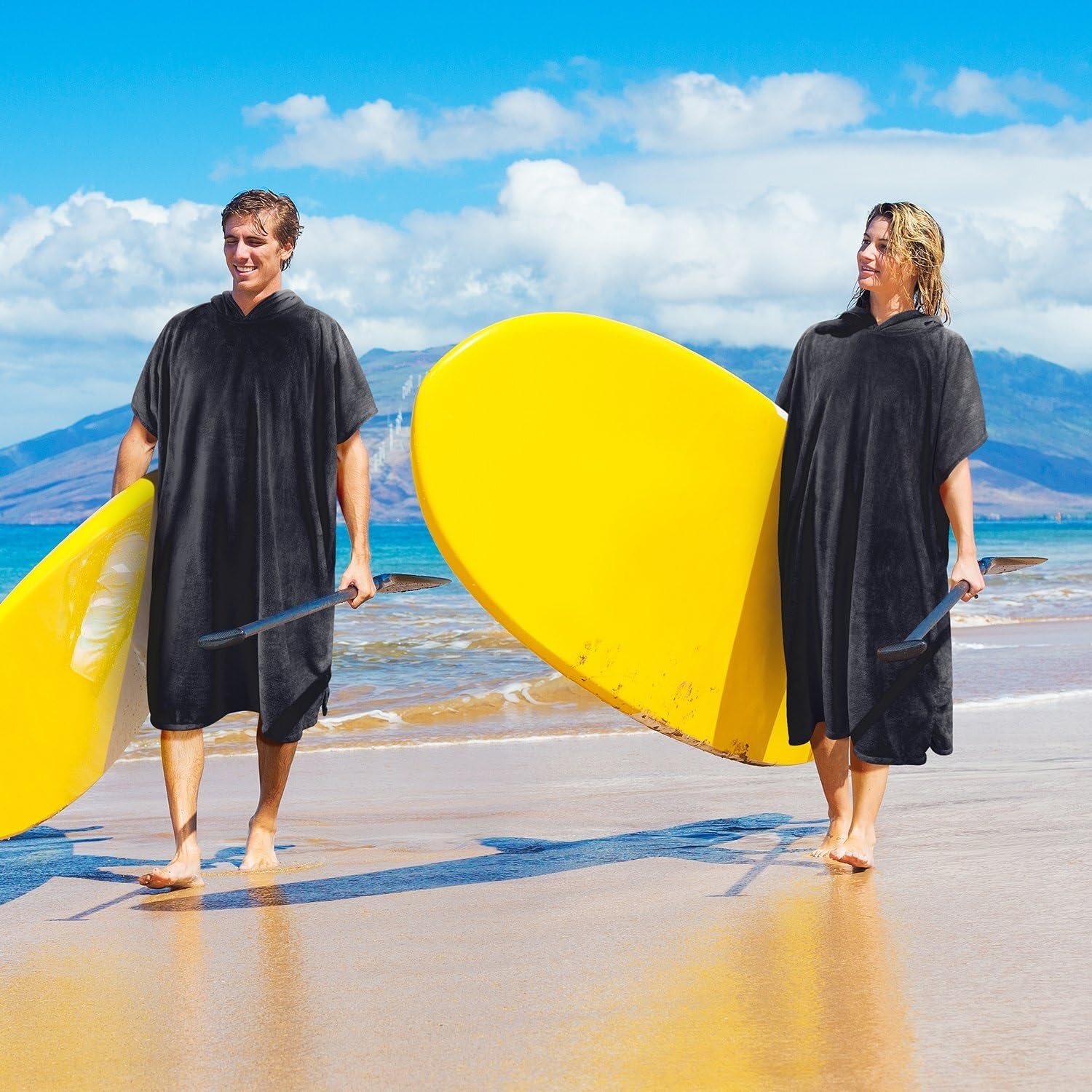 Poncho Handtuch, Badeponcho Damen Surfponchos, Umkleidetuch, Bademantel for Erwachsene, Männer und Frauen, Umkleideponchos mit Kapuze for Surfen, Schwimmen, Baden, wasserabsorbierend, übergroß(Black)