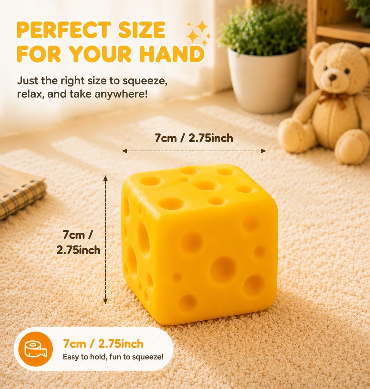 Cheese Squishy, Squishy Cheese Stress Ball Real Yellow Block Squeeze Toy Soft Stress Relief Fidget Toy Original Food Squishies Desktop Gift for Kids Adults, 2.75inch / 7cm