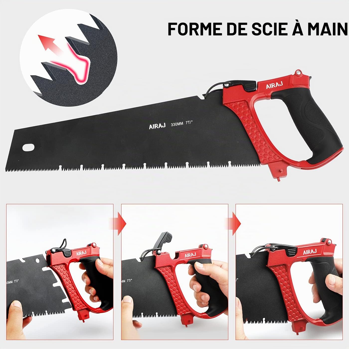 AIRAJ Scie À Métaux 300mm, Poignée Antidérapante, 9 Bandes De Scie De Rechange, Pour La Découpe De Tubes En Métal, Bois Et PVC