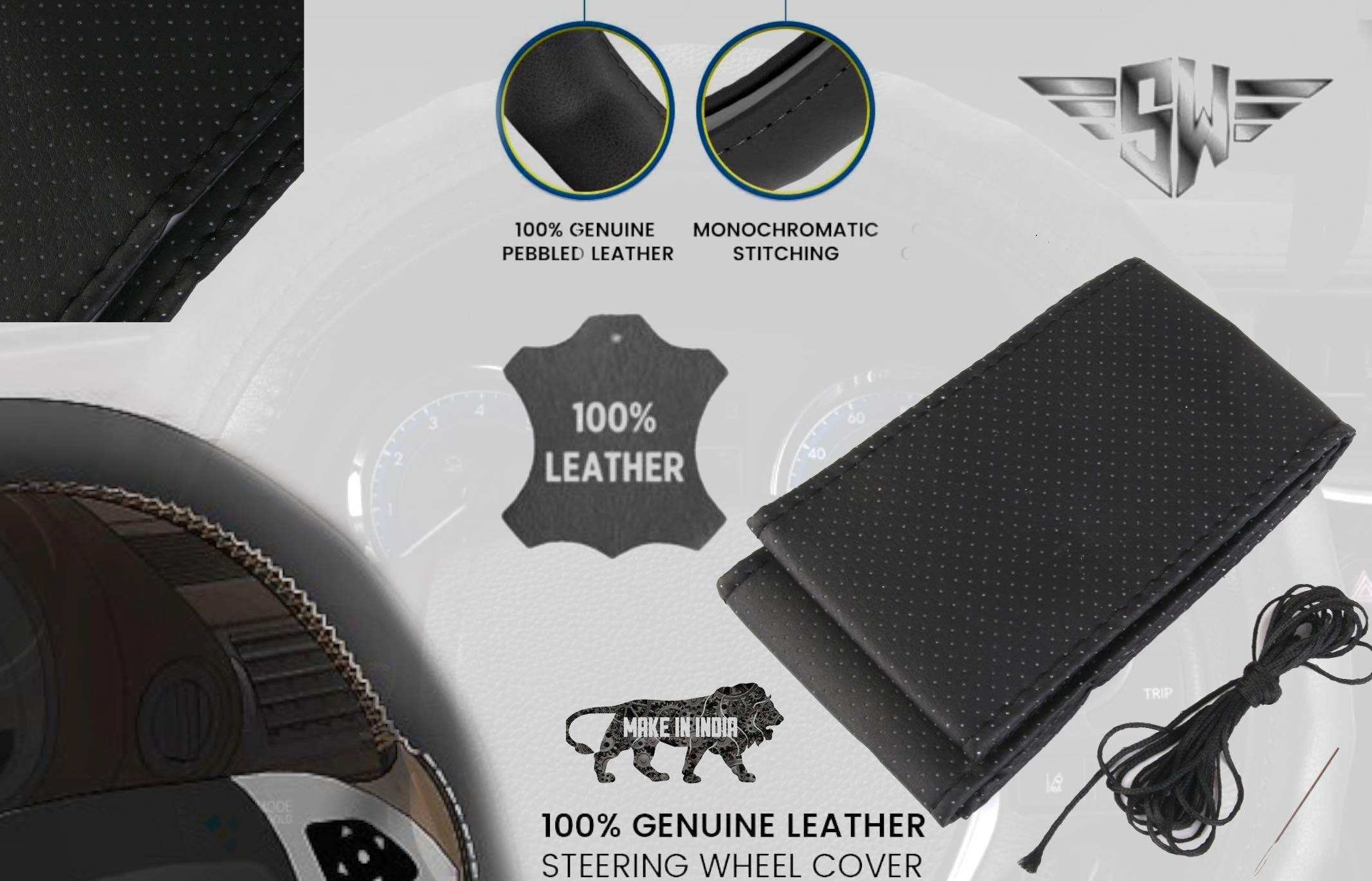 SW® Dotted Foam Soft Grip Car Steering Cover with Needle - Leather, Breathable, Anti Slip (Black) Compatible with Mitsubishi Lancer Evolution