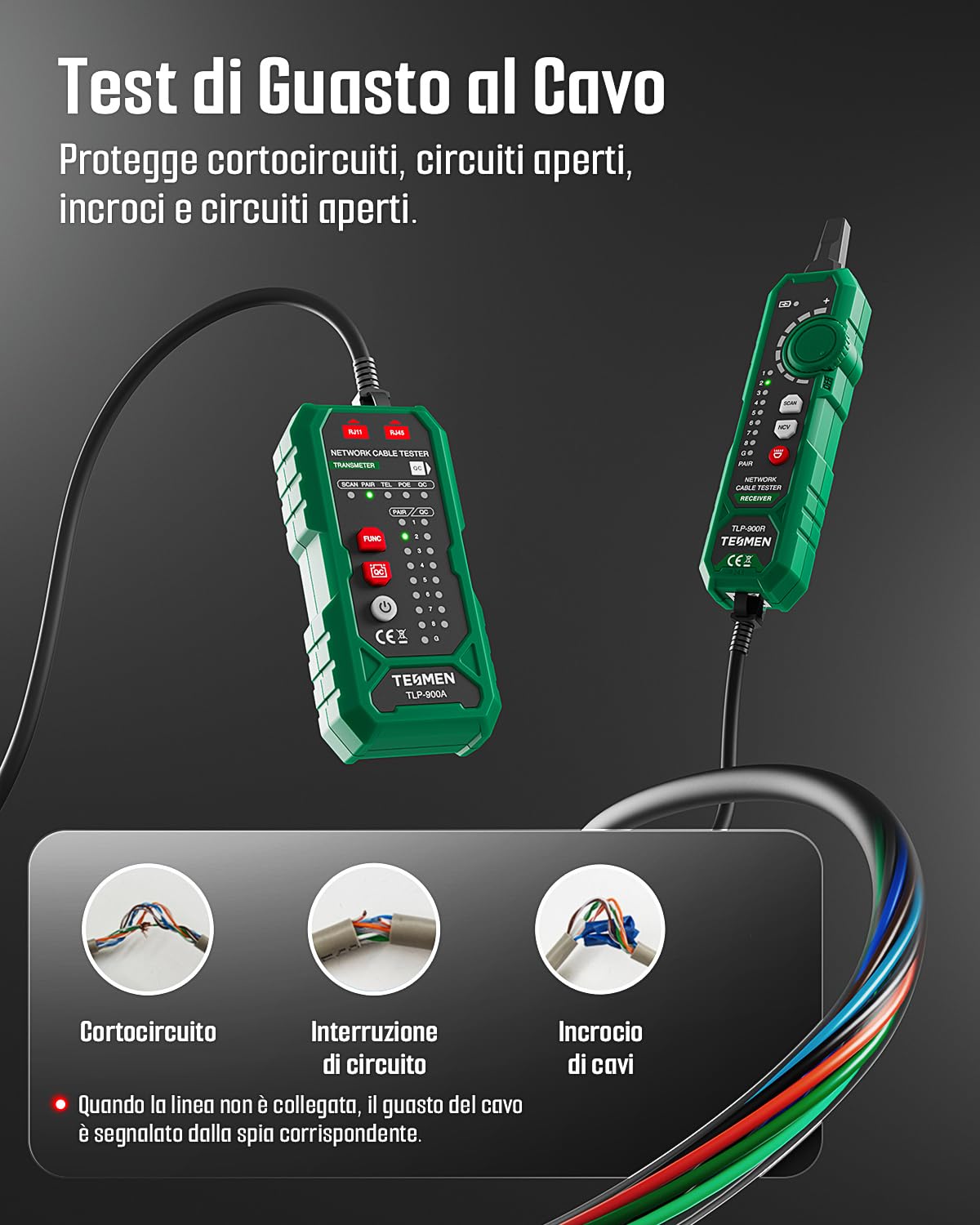 TESMEN TLP-900AR Tester per cavi di rete, RJ11 RJ45, per CAT5/6/POE/STP, con accoppiamento, Continuità, QC e NCV, adatto per Ethernet, Telefono, Manutenzione e smistamento dei cavi - Verde