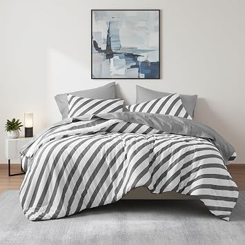 Reversible Striped Queen Comforter Set-Bed in A Bag 7-Pieces Bedding Set with Double-sided Stripes Design-Warm & Cozy Bed Set Includes Queen Size Comforter, Sheets Set, Pillowcases and Shams, Charcoal
