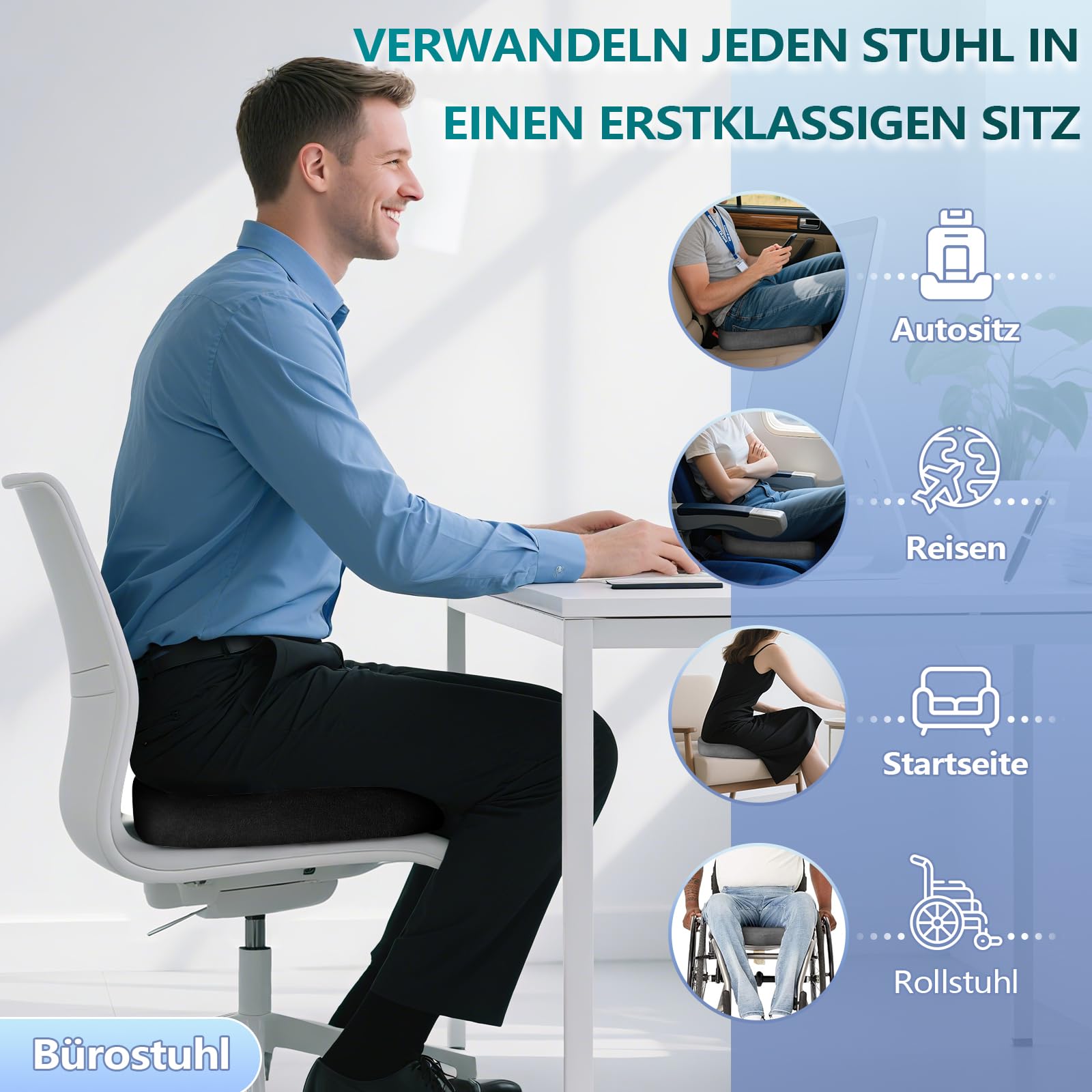 Cojín ortopédico de espuma viscoelástica – Cojín ergonómico para silla de oficina y coche para aliviar la presión y comodidad durante largos períodos de sentado, antideslizante y lavable