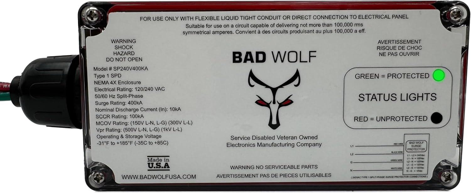 Bad Wolf SP240V400KA Whole House Surge Protector ETL Listed Type 1 SPD, 400kA, 120/240V Split Phase, NEMA 4X, with EM Protection