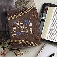 Vista 6 de Funda compacta marrón para la Biblia con asa, bolsa de Biblia para mujer con ranuras para bolígrafos, funda de transporte portátil para la Biblia