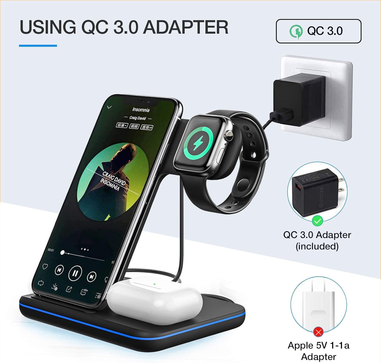 Upgraded Wireless Charging Station, 3-in-1 Wireless Charger Stand for Apple Watch 6/5/4/3/2/1, Airpods Pro/2, iPhone SE II/11/11 Pro/11 Pro Max, XS Max/XS/XR/X/ 8/ Plus, Samsung S20/S10/S9, Note 10/9