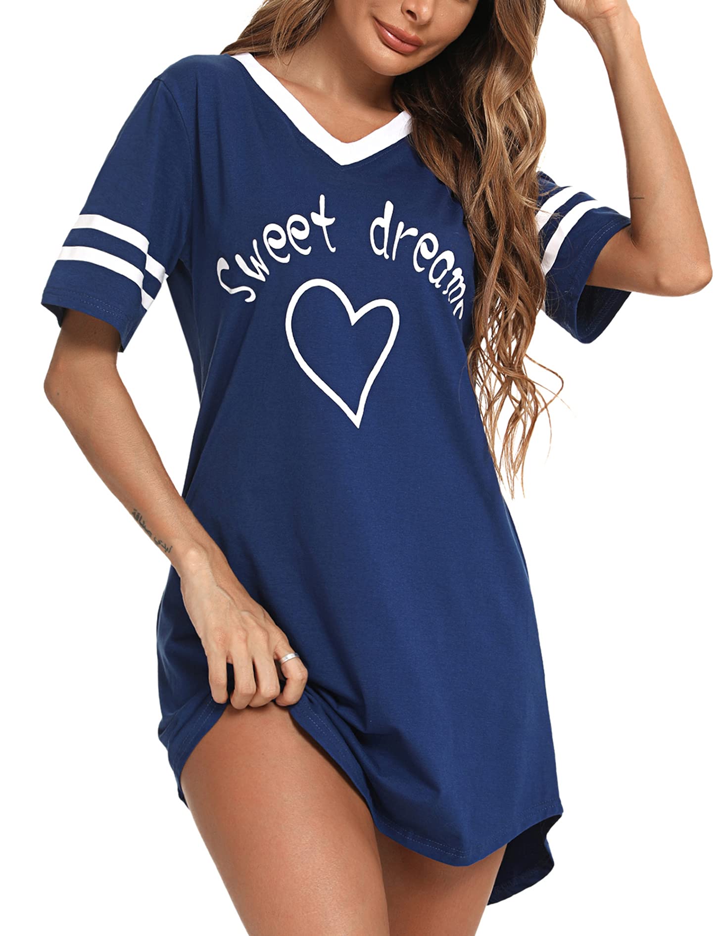 LitherdayWomen's Nightdresses Nightshirt Cotton Nightwear Comfy Nighties Sleepwear Short Sleeve Pajama Night Dress Nightgown Loungewear