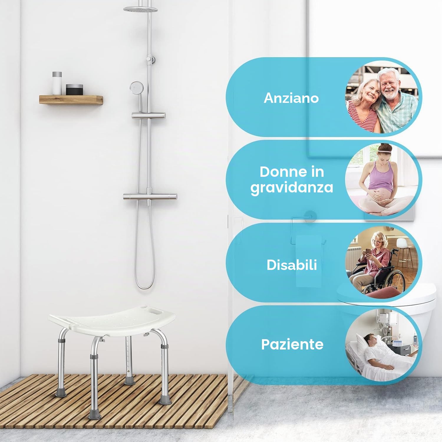Sgabello da Bagno, 8 Livelli di Altezza, 38 – 55 cm, Gambe in Alluminio e Sedile Antiscivolo per la Doccia Interna, Sgabello da Doccia Leggero e Sottile per Anziani e Disabili