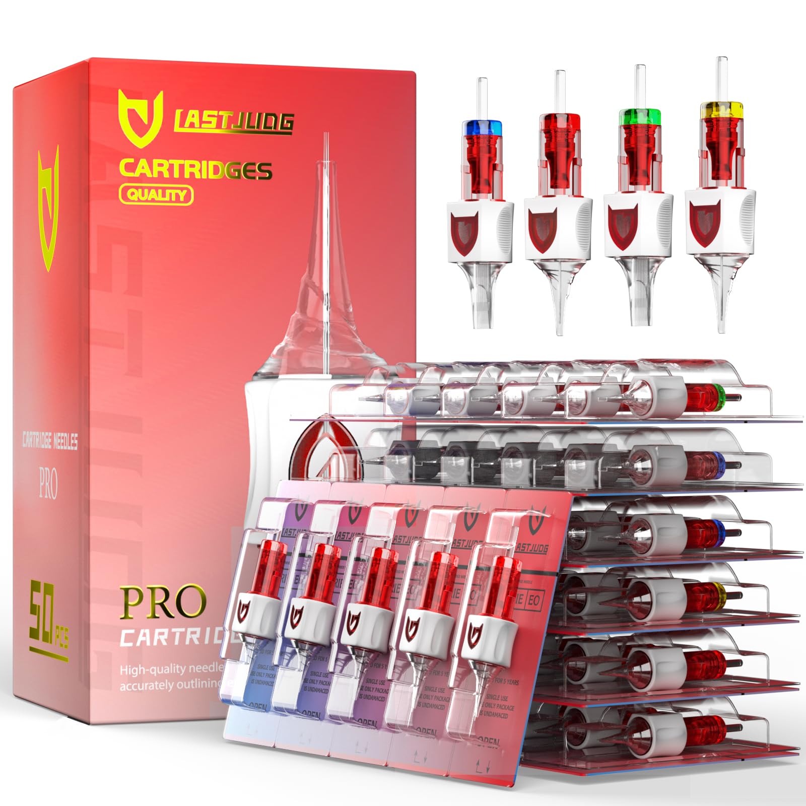 LASTJUDG 50PCS Finger Ledge Tattoo Cartridge Needles Assorted Mixed Size #10 Bugpin Round Liner - 3RL 5RL 7RL 9RL 11RL with Membrane Pro Disposable Tattoo Needles