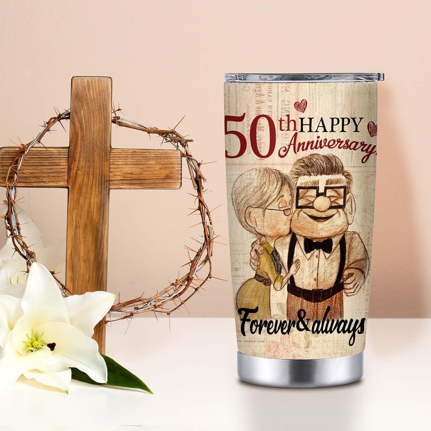 50th Anniversary Tumbler Gifts, 50th Anniversary Wedding Gifts for Couple Parents Friends, 50 years Golden Anniversary Tumbler Gifts for Him or Her, 20oz Insulated Cup Present(1 PC) - Image 3