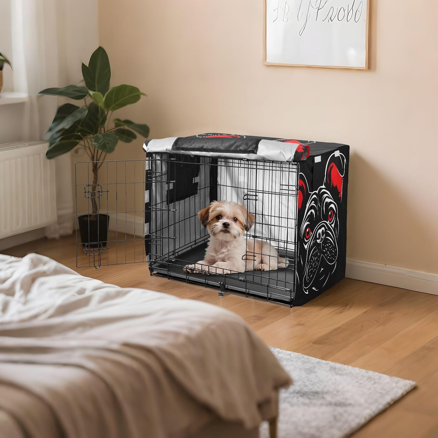 Black Bulldog Funny Dog Crate Cover S-XL Breathable Pet Kennel Cover with Mesh Windows, Reduces Barking, X-Large