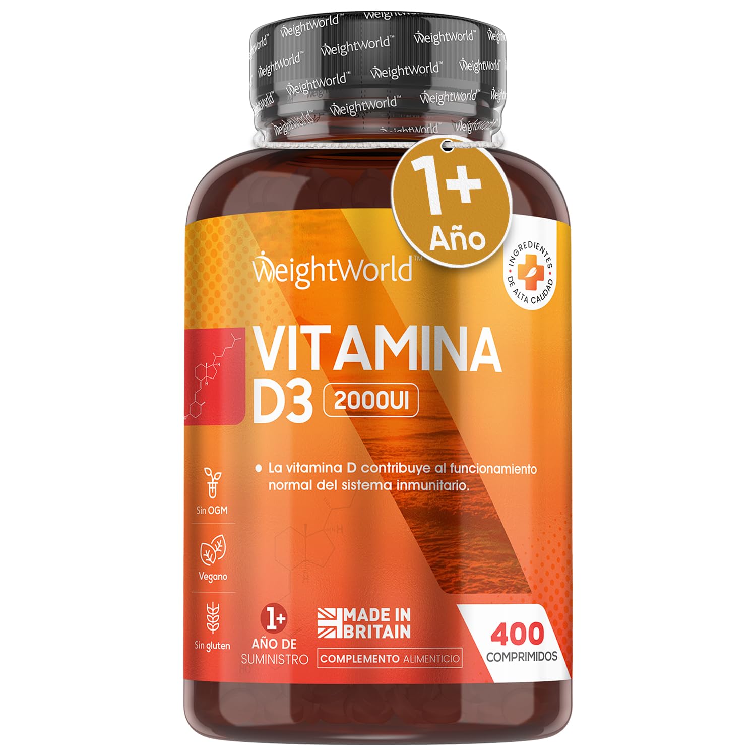 Vitamina D3 2000 UI 400 Comprimidos - Vitamina D Colecalciferol Vegetariano, más de 1 Año de Suministro | Contribuye a la Función Normal del Sistema Inmunológico, Huesos, Dientes, Músculos