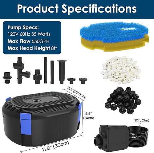 Miniatura 9 de AquaMiracle Filtros de estanque Koi todo en uno para estanques al aire libre 350-500 galones, bomba de fuente de estanque con 3 patrones de