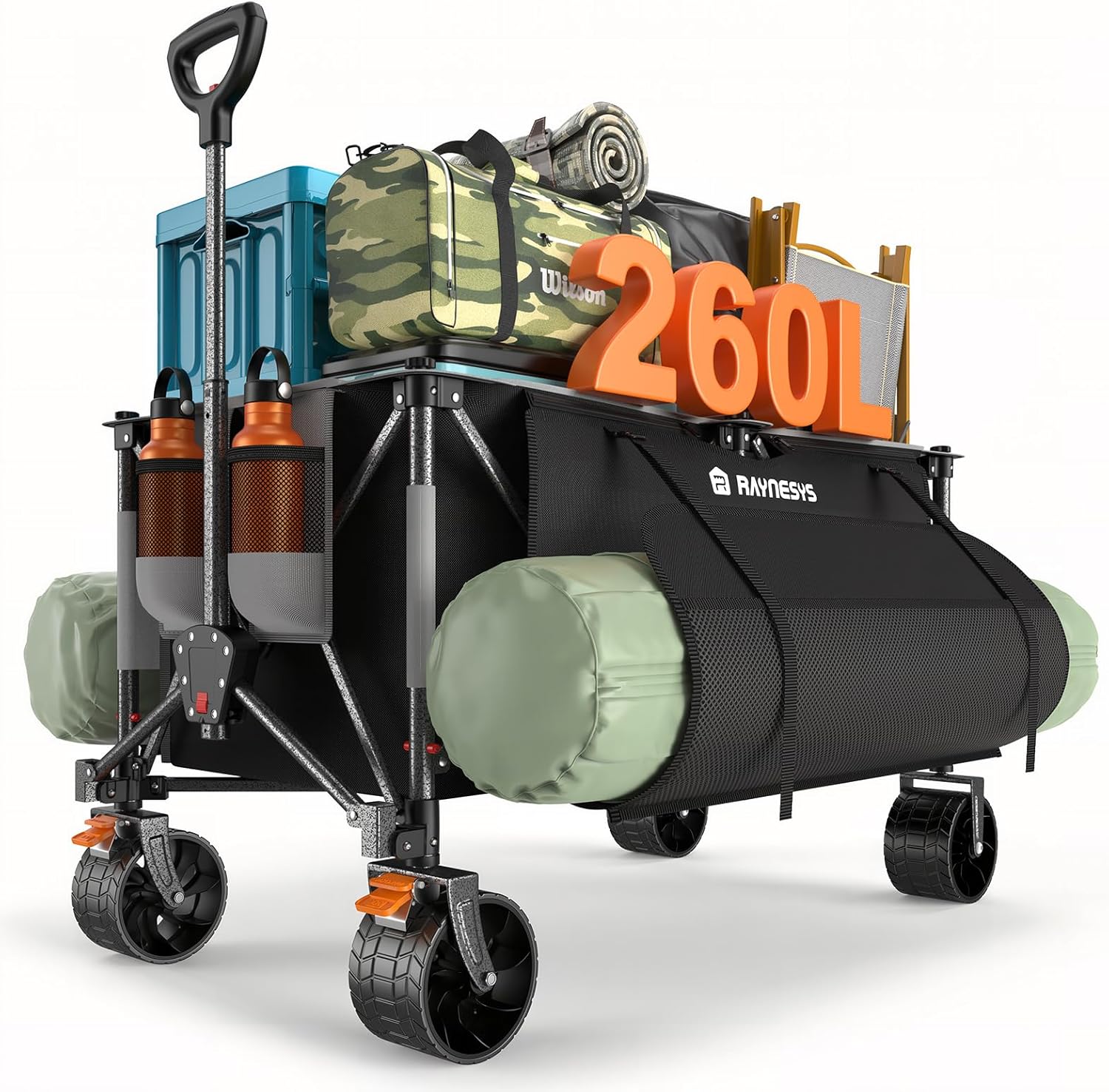 Raynesys キャリーワゴン 特大容量260L 高耐荷重200kg 【長物対応·サイトポケット付き】キャンプカート アウトドアワ