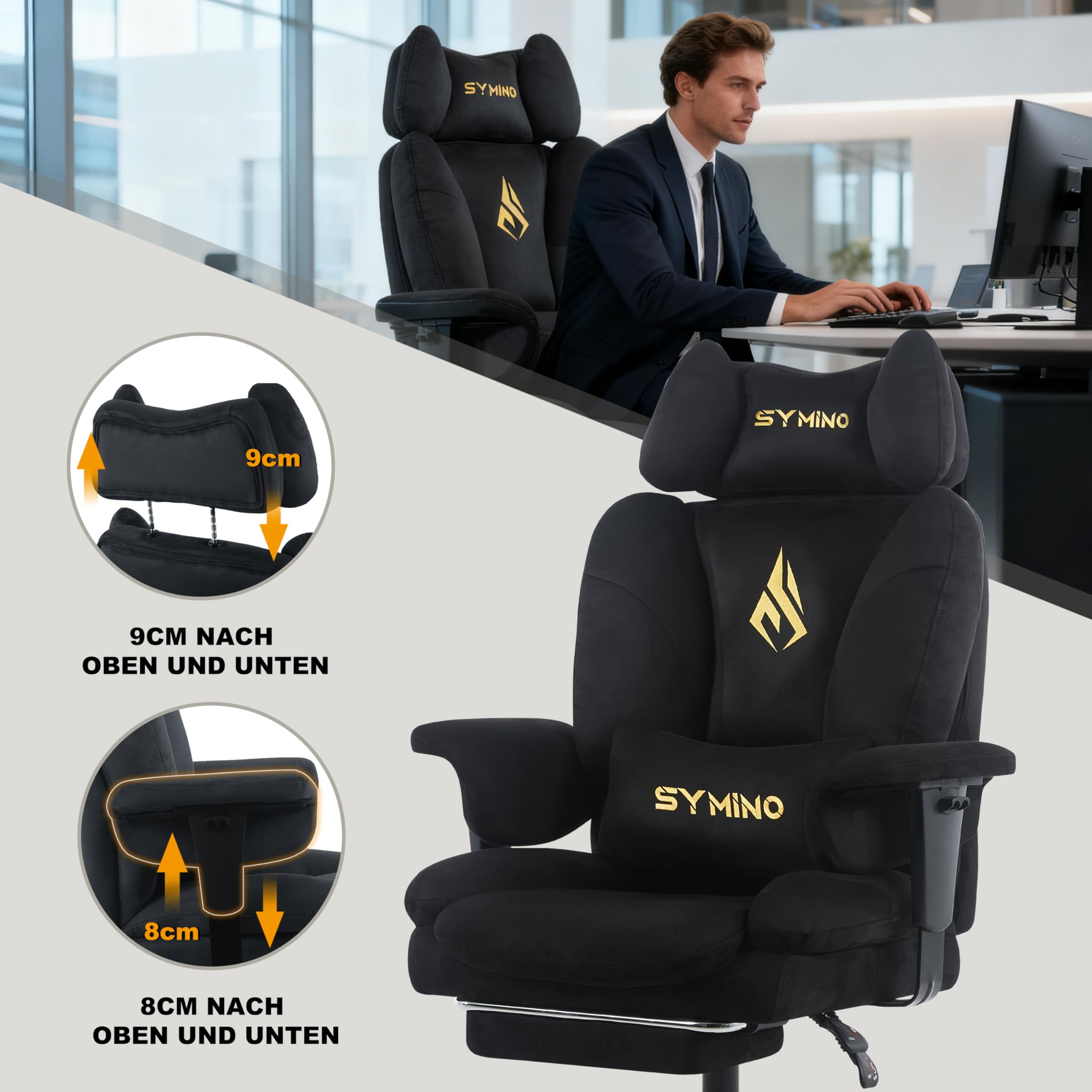 Symino Sofa-ähnliches Gaming Stuhl mit Umhüllendes Sitzerlebnis, Ergonomisch Chefsessel Bürostuhl, Wildlederimitat Schreibtischstuhl Höhenverstellbarer Office Chair Computerstuhl 130kg, Schwarz