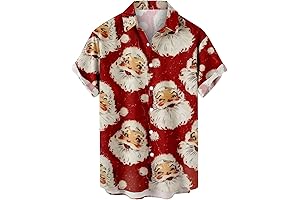Men's Ugly Christmas Sweatshirt: Button-Down Santa Print Short Sleeve Casual Tee