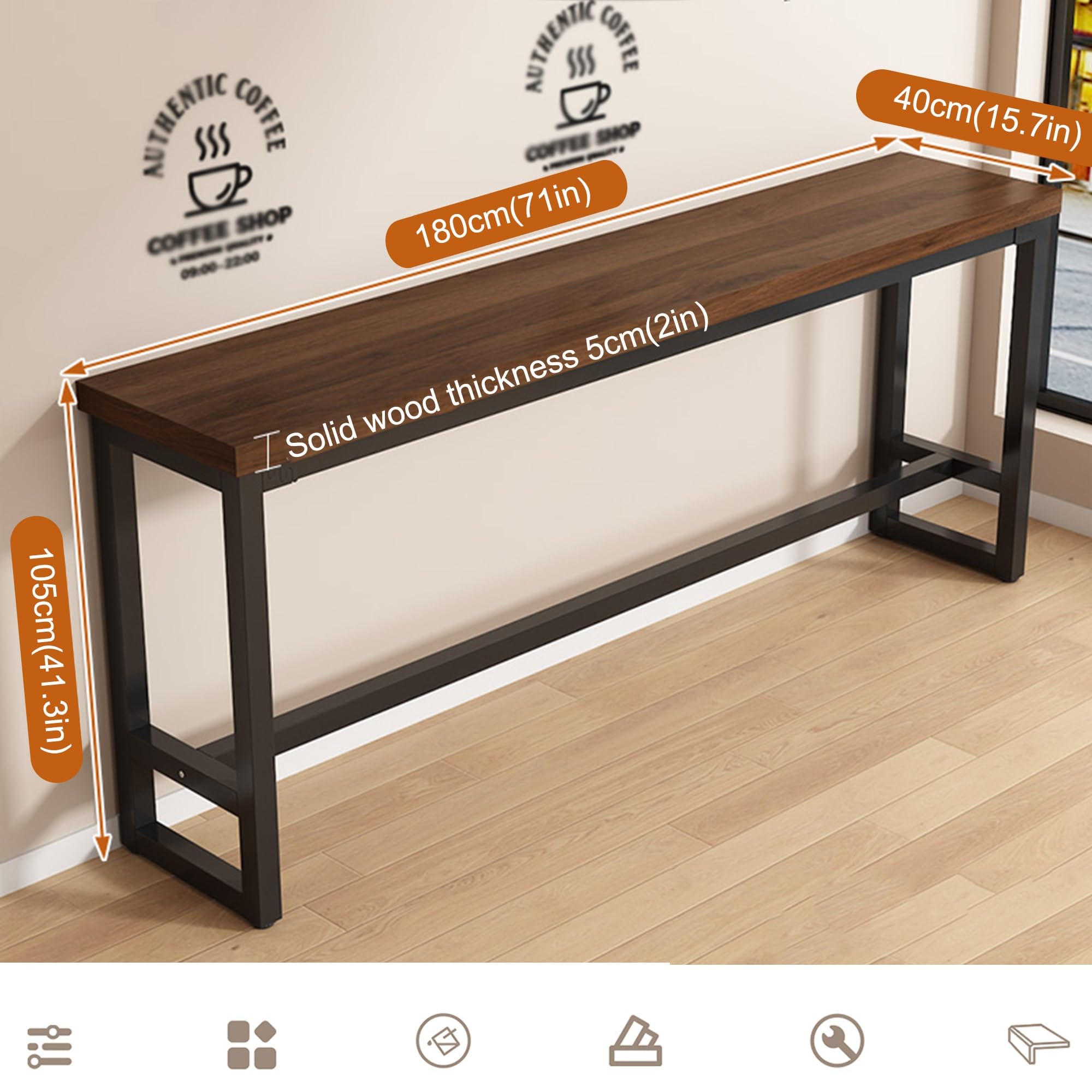 Tavolo da bar in legno massello stretto – 180,3 cm altezza bancone tavolo da pub con base in metallo per cucina, caffetteria, sala da pranzo – design moderno (sedie non incluse)