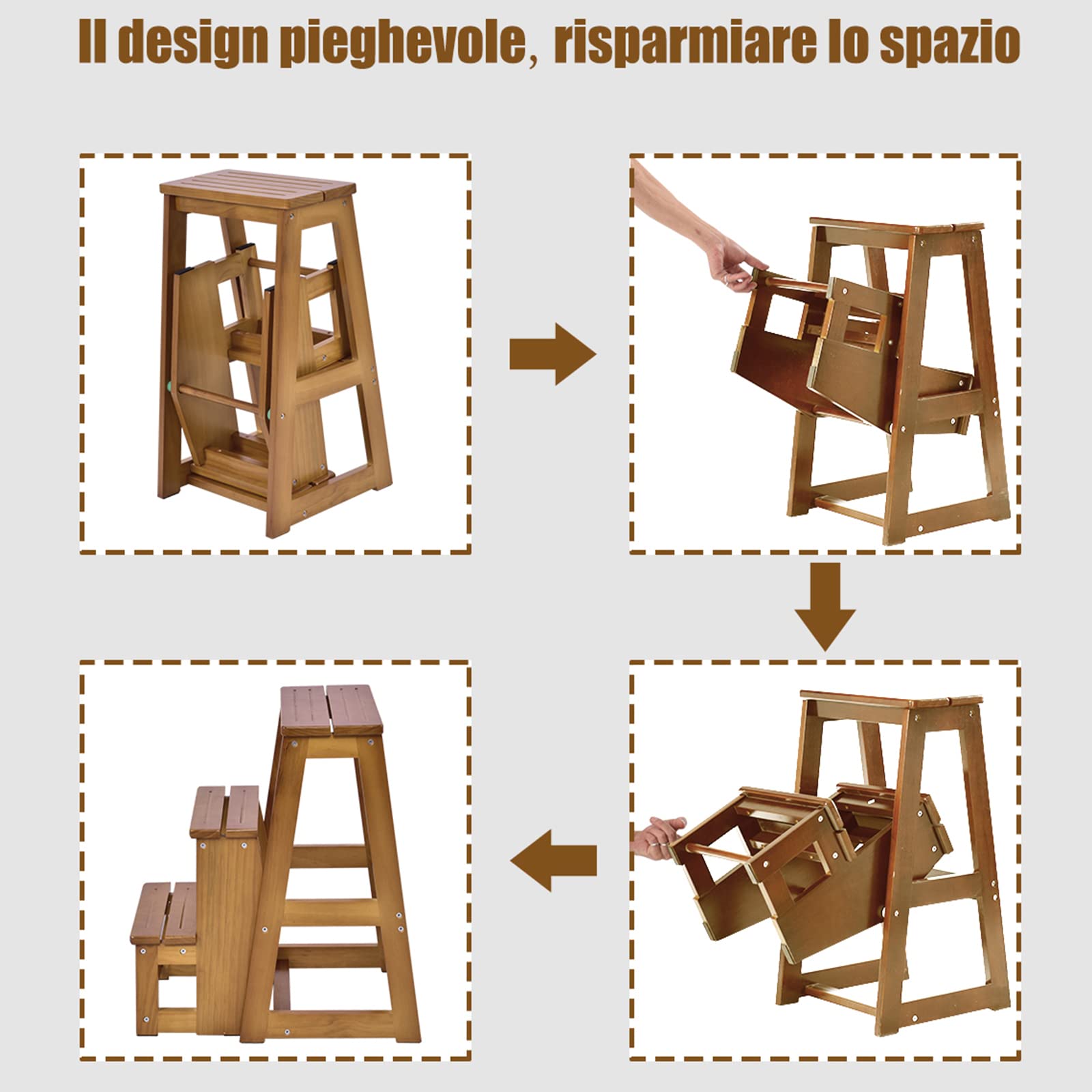 GOPLUS Sgabello Scala Pieghevole, Scaletta a 3 Gradini, in Legno, Multiuso e Pratico, Portata di 150 kg, 57x38,5x66 cm, Marrone/Naturale