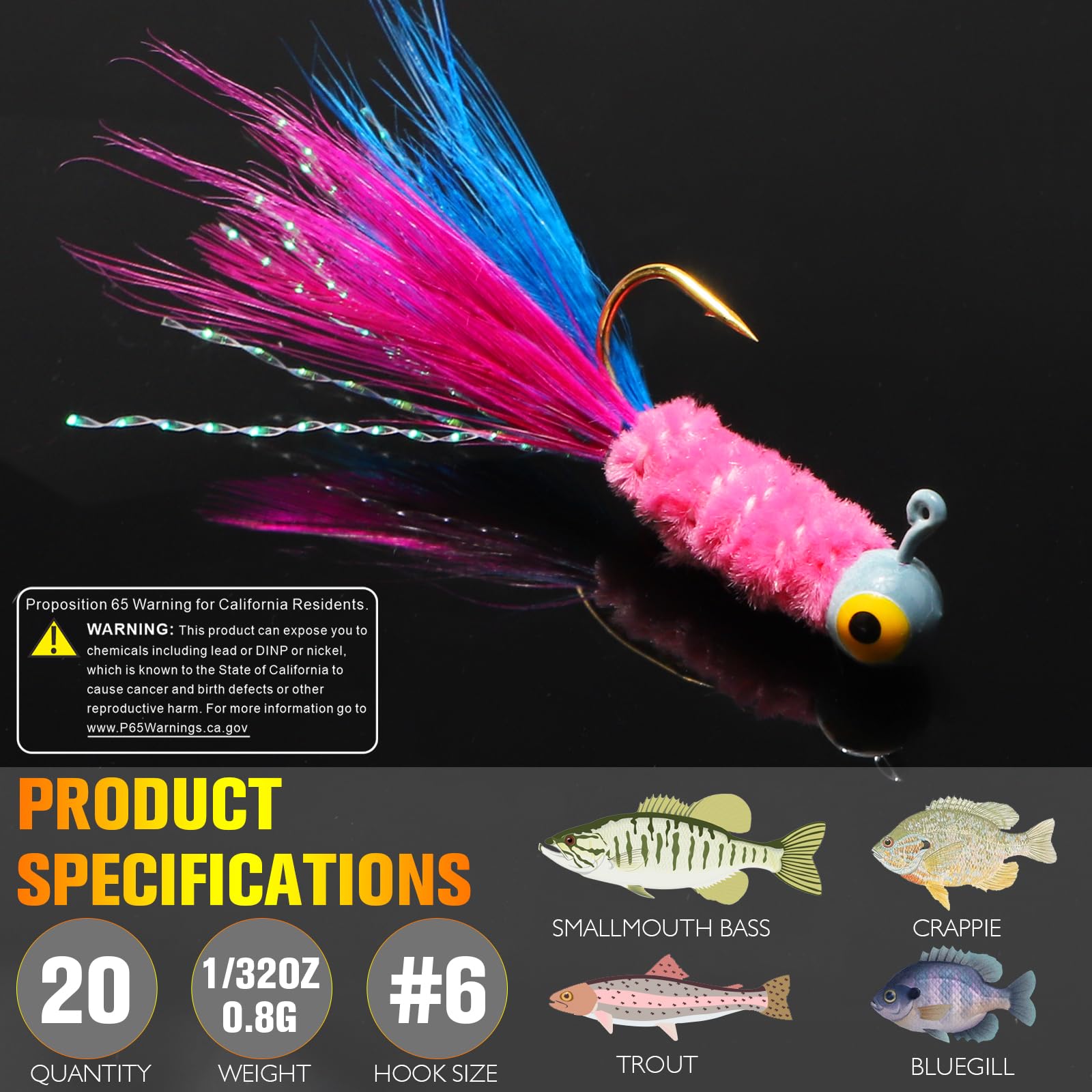 Dovesun Jigs de Pêche, Tête de Turlutte avec Plume Hand-Tied Leurres de Pêche 0.8g 1.75g 3.5g Leurres de pêche à la Mouche pour Panfish Sunfish Walleye