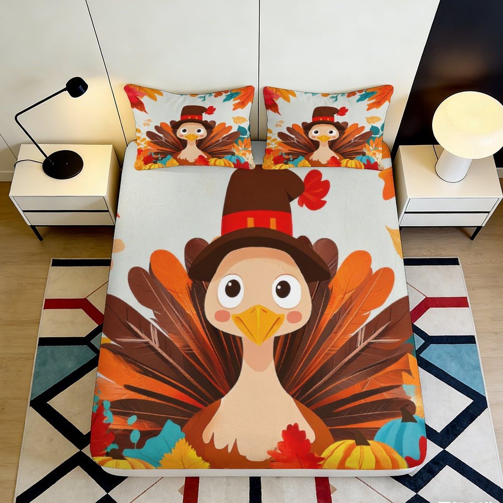 Pnayamiorkfel Style-3 3D Printed Thanksgiving Turkey Fitted Sheet Microfiber Soft Autumn Leaves Bed Cover For Bedroom Guest Room Decor 90X200x25cm